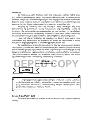286
DEPED COPY
PANIMULA
Sa nakaraang aralin, tinalakay natin ang implasyon. Malinaw nating sinuri
ang malaking pagbabago sa presyo ng mga produkto at serbisyo sa mga nagdaang
panahon.Itoayisangkatotohananngbuhaynahindimagagawangmatakasanninuman.
Bagamat isang malaking suliranin ang implasyon sa pambansang ekonomiya, ang
kaalaman tungkol dito ay makatutulong para maiwasan ang paglala nito.
Kaugnay ng suliraning dulot ng implasyon, ating tatalakayin ang isang
pamamaraan ng pamahalaan upang matutugunan ang negatibong epekto ng
implasyon. Sa pamamagitan ng pangangasiwa sa mga gastusin ng pamahalaan,
inaasahang matatamo ang katatagan ng ekonomiya. Sama-sama nating unawain ang
maaaring impluwensiya ng pamahalaan sa pamamagitan ng patakarang piskal.
Kaya muli kitang iniimbitahan sa pagtalakay ng bagong aralin upang iyong
maunawaan ang kahalagahan ng paglikom ng pondo ng pamahalaan at upang
matustusan ang mga programa at proyektong pangkaunlaran nito.
Sa pagtatapos ng araling ito, inaasahan na ikaw ay nakapagpapaliwanag sa
mga layunin ng patakarang piskal, nakapagpapahalaga sa papel na ginagampanan ng
pamahalaankaugnayngmgapatakarangpiskalnaipinapatupadnito,nakapagsusuring
badyet at ang kalakaran ng paggasta ng pamahalaan, nakababalikat ng pananagutan
bilang mamamayan sa wastong pagbabayad ng buwis, at naiuugnay ang mga epekto
ng patakarang piskal sa katatagan ng pambansang ekonomiya.
ARALIN 5
PATAKARANG PISKAL
Gawain 1: LARAWAN-SURI
	 Suriinangmgalarawansasusunodnapahinaatsagutinangmgapamprosesong
tanong.
ALAMIN
Ang mga panimulang gawain sa araling ito ay tutuklas sa iyong kaalaman
tungkol sa patakarang piskal ng bansa at kung paano mo maaaring gamitin ang
iyong personal na karanasan o kaalaman bilang batayan sa pagsagot sa mga
gawain. Halina at simulan natin ang Alamin.
 