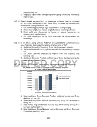 226
DEPED COPY
paggastos ng tao.
D.	 Magbigay ng insentibo sa mga depositor upang lumaki ang reserba ng
mga bangko.
14.	Kung mabagal ang pagsulong ng ekonomiya ng bansa base sa pagsusuri
sa economic performance nito, dapat bang gumawa ng hakbang ang
pamahalaan upang mapataas ito?
A.	 Oo, dahil magiging kahiya-hiya ang bansa sa buong daigdig.
B.	 Hindi, dahil ang bansa naman ang haharap sa naturang suliranin.
C.	 Hindi, dahil ang ekonomiya ng bansa ay walang kaugnayan sa
ekonomiyang pandaigdigan.
D.	 Oo, dahil repleksyon ito ng hindi mahusay na pamamalakad ng
ekonomiya.
15.	Si Mr. Chen, isang Chinese National, ay nagtatrabaho sa kompanya na
nasa Pilipinas. Saan dapat isinasama ang kanyang kinita?
A.	 Sa Gross Domestic Product ng China dahil mamayan siya nito.
B.	 Sa Gross National Product ng Pilipinas dahil dito nagmula ang kanyang
kita.
C.	 Sa Gross Domestic Product ng Pilipinas dahil dito nagmula ang
kanyang kita.
D.	 Sa Gross Domestic Product ng Pilipinas at China dahil parehong dito
nagmula ang kanyang kita
16.	Alin sa sumusunod na pahayag ang tamang interpretasyon sa graph?
PHILIPPINE GROSS NATIONAL INCOME & GROSS DOMESTIC PRODUCT
At Current Prices, In Million Pesos
16,000,000
14,000,000 Legend:
12,000,000 Gross Domestic Product
10,000,000 Gross National Income
8,000,000
6,000,000
4,000,000
2,000,000
0
2012 2013
Pinagmulan: Philippine Statistics Authority
A.	 Mas malaki ang Gross Domestic Product ng bansa kompara sa Gross
National Income nito.
B.	 Mas malaki ang Gross National Income noong taong 2012 kompara sa
taong 2013.
C.	 Mas malaki ang remittances mula sa mga OFW noong taong 2012
kompara sa taong 2013.
D.	 Mas Malaki ang Gross National Income kompara sa Gross Domestic
Product sa parehong taon.
(U)
(U)
(U)
 