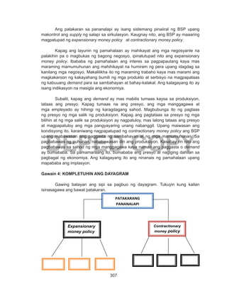 307
DEPED COPY
Ang patakaran sa pananalapi ay isang sistemang pinaiiral ng BSP upang
makontrol ang supply ng salapi sa sirkulasyon. Kaugnay nito, ang BSP ay maaaring
magpatupad ng expansionary money policy at contractionary money policy.
	 Kapag ang layunin ng pamahalaan ay mahikayat ang mga negosyante na
palakihin pa o magbukas ng bagong negosyo, ipinatutupad nito ang expansionary
money policy. Ibababa ng pamahalaan ang interes sa pagpapautang kaya mas
maraming mamumuhunan ang mahihikayat na humiram ng pera upang idagdag sa
kanilang mga negosyo. Makalilikha ito ng maraming trabaho kaya mas marami ang
magkakaroon ng kakayahang bumili ng mga produkto at serbisyo na magpapataas
ng kabuuang demand para sa sambahayan at bahay-kalakal. Ang kalagayang ito ay
isang indikasyon na masigla ang ekonomiya.
	 Subalit, kapag ang demand ay mas mabilis tumaas kaysa sa produksiyon,
tataas ang presyo. Kapag tumaas na ang presyo, ang mga manggagawa at
mga empleyado ay hihingi ng karagdagang sahod. Magbubunga ito ng pagtaas
ng presyo ng mga salik ng produksiyon. Kapag ang pagtataas sa presyo ng mga
bilihin at ng mga salik sa produksiyon ay nagpatuloy, mas lalong tataas ang presyo
at magpapatuloy ang mga pangyayaring unang nabanggit. Upang maiwasan ang
kondisyong ito, karaniwang nagpapatupad ng contractionary money policy ang BSP
upang mabawasan ang paggasta ng sambahayan at ng mga mamumuhunan. Sa
pagbabawas ng puhunan, nababawasan din ang produksiyon. Kasabay rin nito ang
pagbabawas sa sahod ng mga manggagawa kaya naman ang paggasta o demand
ay bumababa. Sa pamamaraang ito, bumababa ang presyo at nagiging dahilan sa
pagbagal ng ekonomiya. Ang kalagayang ito ang ninanais ng pamahalaan upang
mapababa ang implasyon.
Gawain 4: KOMPLETUHIN ANG DAYAGRAM
	 Gawing batayan ang sipi sa pagbuo ng dayagram. Tukuyin kung kailan
isinasagawa ang bawat patakaran.
	
	
PATAKARANG
PANANALAPI
Expansionary
money policy
Contractionary
money policy
 