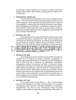 440
DEPED COPY
sa impormal na sektor sapagkat ayon sa datos na inilabas ng National
Statistics Office (NSO), halos kalahati ng mga bumubuo sa sektor na ito
ay kababaihan.
3.	 PRESIDENTIAL DECREE 442
Ito ay mas kilala bilang Philippine Labor Code na naisabatas noong
Mayo 1, 1974. Itinuturing ito bilang pangunahing batas ng bansa para sa
mga manggagawa. Ito ay naglalaman ng mga probisyon para sa “espesyal
na manggagawa”---kabilang ang mga industrial homeworker, kasambahay,
batang manggagawa, at kababaihan---na kabilang sa impormal na sektor.
Batay sa Book 2, Title II of the Labor Code, ito ay may probisyon tungkol sa
pagsasanay na dapat ipagkaloob sa mga manggagawa upang mapaghusay
pa ang kanilang mga kasanayan.
4.	 REPUBLIC ACT 7796
Ito ay ang Technical Education and Skills Development Act of 1994
na nilagdaan bilang batas noong Agosto 25, 1994. Layunin ng batas na ito
na hikayatin ang kabuuang partisipasyon at pakikiisa ng iba’t ibang sektor
ng lipunan gaya ng industriya, paggawa, lokal na pamahalaan, teknikal, at
bokasyonal na mga institusyon upang mapaghusay ang mga kasanayan
para sa pagpapataas o pagpapaibayo ng kalidad ng yamang tao ng ating
bansa. Sa ilalim din nito ay itinalaga ang Technical Education and Skills
Development Authority (TESDA) bilang ahensiya ng pamahalaang itinatag
upang makapagbigay ng edukasyong teknikal.
5.	 REPUBLIC ACT 8282
Ito ay tinatawag din bilang Social Security Act of 1997. Itinatadhana
ng batas na ito na tungkulin ng estado na paunlarin, pangalagaan, at
itaguyod ang kagalingang panlipunan at seguridad ng mga manggagawa.
Higit sa lahat kung sila ay dumanas ng pagkakasakit, kapansanan,
panganganak, pagsapit sa katandaan (old age), at kamatayan. Upang
maisakatuparan ito ipinag-utos na lahat ng mga manggagawa sa pribadong
sektor maging ang kabilang sa impormal na sektor ay maging bahagi ng
Social Security System (SSS) bilang ahensiya ng pamahalaan na may
tungkulin para itaguyod ang Panseguruhan ng Kapanatagang Panlipunan
ng mga Pilipino. Sa pamamagitan ng mga personal na kontribusyon ng
mga manggagawa ito ay magsisilbi nilang pondo at maaaring magamit sa
oras ng kanilang pangangailangan.
6.	 REPUBLIC ACT 7875
Ito ay naging batas noong Pebrero 7, 1995 at kinilala bilang
National Heath Insurance Act of 1995. Sa pamamagitan nito ay naitatag
ang Philippine Health Insurance Corporation (Philhealth) na naglalayong
mapagkalooban ang lahat ng mga mamamayang Pilipino ng isang
maayos at sistematikong kaseguruhang pangkalusugan. Nakapaloob sa
 