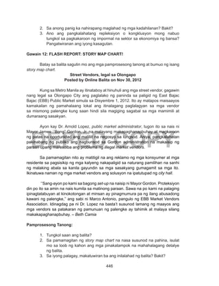 446
DEPED COPY
2.	 Sa anong panig ka nahirapang maglahad ng mga kadahilanan? Bakit?
3.	 Ano ang pangkalahatang repleksiyon o kongklusyon mong nabuo
tungkol sa pagkakaroon ng impormal na sektor sa ekonomiya ng bansa?
Pangatwiranan ang iyong kasagutan.
Gawain 12: FLASH REPORT: STORY MAP CHART!
	 Batay sa balita sagutin mo ang mga pamprosesong tanong at bumuo ng isang
story map chart.
Street Vendors, legal sa Olongapo
Posted by Online Balita on Nov 30, 2012
	 Kung sa Metro Manila ay itinataboy at hinuhuli ang mga street vendor, gagawin
nang legal sa Olongapo City ang paglalako ng paninda sa paligid ng East Bajac
Bajac (EBB) Public Market simula sa Disyembre 1, 2012. Ito ay matapos maisaayos
kamakailan ng pamahalaang lokal ang itinalagang paglalagyan sa mga vendor
sa mismong palengke kung saan hindi sila magiging sagabal sa mga mamimili at
dumaraang sasakyan.
	 Ayon kay Dr. Arnold Lopez, public market administrator, tugon ito sa nais ni
Mayor James `’Bong” Gordon, Jr. na malayang makapaghanapbuhay at magkaroon
ng patas na oportunidad ang maliliit na negosyo sa lungsod. Aniya, pangkalahatan
pakinabang ng publiko ang nagbunsod sa Gordon administration na makaisip ng
paraan upang maresolba ang problema ng illegal market vendors.
	 Sa pamamagitan nito ay matitigil na ang reklamo ng mga konsyumer at mga
residente sa pagsisikip ng mga kalyeng nakapaligid sa naturang pamilihan na sanhi
ng malaking abala sa kanila gayundin sa mga sasakyang gumagamit sa mga ito.
Ikinatuwa naman ng mga market vendors ang solusyon na ipatutupad ng city hall.
‘’Sang-ayon po kami sa bagong set-up na naisip ni Mayor Gordon. Proteksiyon
din po ito sa amin na nais kumita sa matinong paraan. Sawa na po kami na palaging
ipinagtatabuyan at kinokotongan at minsan ay pinagmumura pa ng ilang abusadong
kawani ng palengke,’’ ang sabi ni Marco Antonio, pangulo ng EBB Market Vendors
Association. Idinagdag pa ni Dr. Lopez na basta’t susunod lamang ng maayos ang
mga vendors sa patakaran ng pamunuan ng palengke ay tahimik at malaya silang
makakapaghanapbuhay. – Beth Camia
Pamprosesong Tanong:
1.	 Tungkol saan ang balita?
2.	 Sa pamamagitan ng story map chart na nasa susunod na pahina, isulat
mo sa loob ng kahon ang mga pinakatampok na mahahalagang detalye
ng balita.
3.	 Sa iyong palagay, makatuwiran ba ang inilalahad ng balita? Bakit?
 
