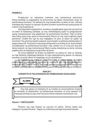 340
DEPED COPY
PANIMULA
	 Pinagtuunan sa nakaraang markahan ang pambansang ekonomiya
bilang kabahagi sa pagpapabuti ng pamumuhay ng kapwa mamamayan tungo sa
pambansang kaunlaran. Sa dahilang ito ang pinakamithiin ng lahat sa atin, lubhang
mahalaga ang maayos na ugnayan ng lahat ng sektor ng ekonomiya upang ganap na
matamo ang tunguhing ito.
	 Ang mga sektor ng agrikultura, industriya, at paglilingkod, gayundin ng impormal
na sektor at kalakalang panlabas, ay may mahahalagang papel na ginagampanan
upang maisakatuparan ang pagkakamit ng pambansang kaunlaran. Higit sa lahat,
ikaw bilang isang mag- aaral at mamamayang Pilipino ay may mga tungkuling dapat
gampanan. Subalit ano nga ba ang magagawa mo para sa bayan sa ngalan ng
kaunlaran? Sa ganitong aspekto papasok ang konsepto ng aktibong pakikisangkot at
pagsusulong nito. Kung kaya’t ang pangunahing pokus sa araling ito ay ang konsepto
at palatandaan ng pambansang kaunlaran. Pag- aaralan mo rin kung ano ang iba’t
ibang tungkulin ng mga mamamayang Pilipino upang makatulong sa sama- samang
pagkilos para sa pagsulong at pag-unlad ng bansa.
	 Sa iyong pagtahak sa landas ng kaalaman sa araling ito, ikaw ay haharap
sa mga tekstong magbibigay-kabatiran at mga mapanghamong gawain na sadyang
pupukaw ng iyong interes at magbibigay sa iyo ng kaalaman.
	 Sa pagtatapos ng araling ito, inaasahang ikaw ay makapagbigay ng sariling
pakahulugan sa pambansang kaunlaran at masiyasat ang mga palatandaan nito.
Inaasahan ding matukoy mo ang iba’t ibang gampanin ng bawat mamamayan tungo
sa sama- samang pagkilos at pagplano kung paano makapag- aambag sa mithiing ito.
ARALIN 1
KONSEPTO AT PALATANDAAN NG PAMBANSANG KAUNLARAN
Gawain 1: INSTA-SAGOT
Pansinin ang mga larawan sa susunod na pahina. Suriing mabuti ang
kalagayan ng bawat larawan. Bigyan ng malikhaing pamagat ang bawat larawan.
ALAMIN
Ang mga gawain sa bahaging ito ay tutuklas sa iyong kaalaman tungkol
sa konsepto at palatandaan ng pambansang kaunlaran at kung papaano ka
makapag-aambag sa pag-unlad ng bansa bilang mabuting mamamayan nito.
 