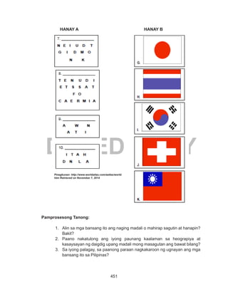 451
DEPED COPY
HANAY A					 HANAY B
Pamprosesong Tanong:
1.	 Alin sa mga bansang ito ang naging madali o mahirap sagutin at hanapin?
Bakit?
2.	 Paano nakatulong ang iyong paunang kaalaman sa heograpiya at
kasaysayan ng daigdig upang madali mong masagutan ang bawat bilang?
3.	 Sa iyong palagay, sa paanong paraan nagkakaroon ng ugnayan ang mga
bansang ito sa Pilipinas?
Pinagkunan: http://www.worldatlas.com/aatlas/world.
htm Retrieved on November 7, 2014
 