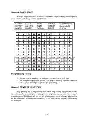 452
DEPED COPY
Gawain 2: HANAP-SALITA
Hanapin ang sumusunod na salita sa word box. Ang mga ito ay maaaring nasa
anyo pababa, pahalang, pataas, o pabaliktad.
E K O N O P R U T A S
S A W  B A T O U Q E L
Q L G A L L E O N S A
W A R R W D X E A C N
A K E T R O P M I I G
B A X E F D G O T N I
I L Z R O O T A T O S
G A L L L K E K A R L
A N Y L U X C E  R T B
S A O D P A E D I C A
R P O O T N I G P E T
A R R N M E U L A L A
P T A B A K O D A E S
Pamprosesong Tanong:
1.	 Alin sa mga ito ang bago o hindi gaanong pamilyar sa iyo? Bakit?
2.	 Sa iyong sariling opinyon, paano kaya nagkakaroon ng ugnayan sa bawat
isa ang mga salitang iyong hinanap? Ipaliwanag.
Gawain 3: TOWER OF KNOWLEDGE
	 Ang gawaing ito ay naglalayong matutukan ang baitang ng iyong kaunlaran
sa pagkatuto. Sa aspektong ito ay sasagutin mo ang katanungang nasa kahon. Isulat
mo sa bahaging SIMULA ang iyong inisyal na kasagutan. Samantalang ang bahagi ng
GITNA at WAKAS ay sasagutan mo lamang sa iba pang bahagi ng iyong paglalakbay
sa araling ito.
BARTER	 BATAS		 BIGAS		 DOLYAR	 ELECTRONICS
EXPORT	 GALLEON	 GINTO		 IMPORT	 KALAKALAN
LANGIS	 PRUTAS	 TABAKO	 TARIPA	 QUOTA
 
