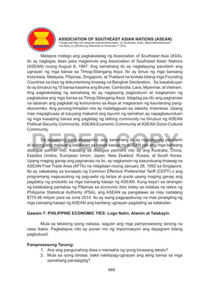 468
DEPED COPY
ASSOCIATION OF SOUTHEAST ASIAN NATIONS (ASEAN)
Pinagkunan:http://en.wikipedia.org/wiki/Association_of_Southeast_Asian_Nations#mediaviewer/
File:Seal_of_ASEAN.svg Retrieved on November 7, 2014
	 Matapos mabigo ang pagkakatatag ng Association of Southeast Asia (ASA),
ito ay nagbigay daan para magsimula ang Association of Southeast Asian Nations
(ASEAN) noong August 8, 1967. Ang samahang ito ay naglalayong paunlarin ang
ugnayan ng mga bansa sa Timog-Silangang Asya. Ito ay binuo ng mga bansang
Indonesia, Malaysia, Pilipinas, Singapore, at Thailand na kinilala bilang mga Founding
Countries sa bisa ng dokumentong tinawag na Bangkok Declaration. Sa kasalukuyan
ito ay binubuo ng 10 bansa kasama ang Brunei, Cambodia, Laos, Myanmar, at Vietnam.
Ang pagkakatatag ng samahang ito ay naglayong pagbuklurin at magkaroon ng
pagkakaisa ang mga bansa sa Timog-Silangang Asya. Idagdag pa rito ang pagnanais
na labanan ang pagkalat ng komunismo sa Asya at magkaroon ng kaunlarang pang-
ekonomiko. Ang punong-himpilan nito ay matatagpuan sa Jakarta, Indonesia. Upang
mas mapaghusay at tuluyang makamit ang layunin ng samahan ay napagkasunduan
ng mga kasaping bansa ang pagtatag ng tatlong community na binubuo ng ASEAN
Political-Security Community, ASEAN Economic Community at ASEAN Socio-Cultural
Community.
	 Sa aspektong pang-ekonomiko, ang samahang ito ay naglalayong paunlarin
at isulong ang malayang kalakalan sa bawat kasapi ng ASEAN pati ang mga bansang
dialogue partner nito. Kabilang sa dialogue partners nito ay ang Australia, China,
Estados Unidos, European Union, Japan, New Zealand, Russia, at South Korea.
Upang maging ganap ang pagnanais na ito, ay nagkaroon ng kasunduang tinawag na
ASEAN Free Trade Area (AFTA) na nilagdaan noong January 28, 1992 sa Singapore.
Ito ay nakabatay sa konsepto ng Common Effective Preferential Tariff (CEPT) o ang
programang nagsusulong ng pag-aalis ng taripa at quota upang maging ganap ang
pagdaloy ng produkto sa mga bansang kasapi ng ASEAN. Kung kaya’t sa larangan
ng kalakalang panlabas ng Pilipinas sa economic bloc batay sa inilabas na datos ng
Philippine Statistical Authority (PSA), ang ASEAN ay pangalawa sa may naitalang
$770.46 milyon para sa June 2014. Ito ay isang pagpapatunay na mas pinaiigting ng
mga bansang kasapi ng ASEAN ang kanilang ugnayan pagdating sa kalakalan.
Gawain 7: PHILIPPINE ECONOMIC TIES: Logo Natin, Alamin at Talakayin
	 Mula sa tekstong iyong nabasa, sagutin ang mga pamprosesong tanong na
nasa ibaba. Pagkatapos nito ay punan mo ng impormasyon ang dayagram bilang
pagbubuod.
Pamprosesong Tanong:
1.	 Ano ang pangunahing diwa o mensahe ng iyong binasang teksto?
2.	 Mula sa iyong binasa, bakit nakikipag-ugnayan ang ating bansa sa mga
samahang pandaigdig?
 
