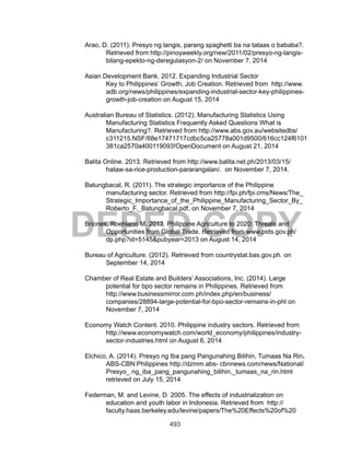 493
DEPED COPY
Arao, D. (2011). Presyo ng langis, parang spaghetti ba na tataas o bababa?.
Retrieved from http://pinoyweekly.org/new/2011/02/presyo-ng-langis-
bilang-epekto-ng-deregulasyon-2/ on November 7, 2014
Asian Development Bank. 2012. Expanding Industrial Sector
Key to Philippines’ Growth, Job Creation. Retrieved from http://www.
adb.org/news/philippines/expanding-industrial-sector-key-philippines-
growth-job-creation on August 15, 2014
Australian Bureau of Statistics. (2012). Manufacturing Statistics Using
Manufacturing Statistics Frequently Asked Questions What is
Manufacturing?. Retrieved from http://www.abs.gov.au/websitedbs/
c311215.NSF/88e17471717cdbc5ca25778a001d9500/616cc124f6101
381ca2570a400119093!OpenDocument on August 21, 2014
Balita Online. 2013. Retrieved from http://www.balita.net.ph/2013/03/15/
hataw-sa-rice-production-pararangalan/. on November 7, 2014.
Batungbacal, R. (2011). The strategic importance of the Philippine
manufacturing sector. Retrieved from http://fpi.ph/fpi.cms/News/The_
Strategic_Importance_of_the_Philippine_Manufacturing_Sector_By_
Roberto_F._Batungbacal.pdf, on November 7, 2014
Briones, Roehlano M. 2013. Philippine Agriculture to 2020: Threats and
Opportunities from Global Trade. Retrieved from www.pids.gov.ph/
dp.php?id=5145&pubyear=2013 on August 14, 2014
Bureau of Agriculture. (2012). Retrieved from countrystat.bas.gov.ph. on
September 14, 2014
Chamber of Real Estate and Builders’ Associations, Inc. (2014). Large
potential for bpo sector remains in Philippines. Retrieved from
http://www.businessmirror.com.ph/index.php/en/business/
companies/28894-large-potential-for-bpo-sector-remains-in-phl on
November 7, 2014
Economy Watch Content. 2010. Philippine industry sectors. Retrieved from
http://www.economywatch.com/world_economy/philippines/industry-
sector-industries.html on August 6, 2014
Elchico, A. (2014). Presyo ng Iba pang Pangunahing Bilihin, Tumaas Na Rin.
ABS-CBN:Philippines http://dzmm.abs- cbnnews.com/news/National/
Presyo_ ng_iba_pang_pangunahing_bilihin,_tumaas_na_rin.html
retrieved on July 15, 2014
Federman, M. and Levine, D. 2005. The effects of industrialization on
education and youth labor in Indonesia. Retrieved from http://
faculty.haas.berkeley.edu/levine/papers/The%20Effects%20of%20
 