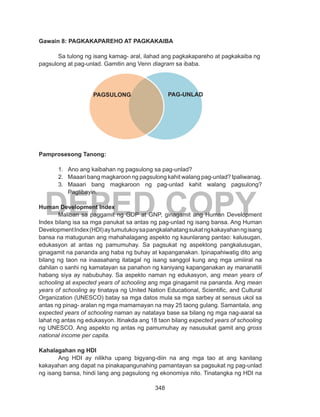 348
DEPED COPY
Gawain 8: PAGKAKAPAREHO AT PAGKAKAIBA
Sa tulong ng isang kamag- aral, ilahad ang pagkakapareho at pagkakaiba ng
pagsulong at pag-unlad. Gamitin ang Venn diagram sa ibaba.
Pamprosesong Tanong:
1.	 Ano ang kaibahan ng pagsulong sa pag-unlad?
2.	 Maaari bang magkaroon ng pagsulong kahit walang pag-unlad? Ipaliwanag.
3.	 Maaari bang magkaroon ng pag-unlad kahit walang pagsulong?
Pagtibayin.	
Human Development Index
	 Maliban sa paggamit ng GDP at GNP, ginagamit ang Human Development
Index bilang isa sa mga panukat sa antas ng pag-unlad ng isang bansa. Ang Human
DevelopmentIndex(HDI)aytumutukoysapangkalahatangsukatngkakayahanngisang
bansa na matugunan ang mahahalagang aspekto ng kaunlarang pantao: kalusugan,
edukasyon at antas ng pamumuhay. Sa pagsukat ng aspektong pangkalusugan,
ginagamit na pananda ang haba ng buhay at kapanganakan. Ipinapahiwatig dito ang
bilang ng taon na inaasahang itatagal ng isang sanggol kung ang mga umiiiral na
dahilan o sanhi ng kamatayan sa panahon ng kaniyang kapanganakan ay mananatili
habang siya ay nabubuhay. Sa aspekto naman ng edukasyon, ang mean years of
schooling at expected years of schooling ang mga ginagamit na pananda. Ang mean
years of schooling ay tinataya ng United Nation Educational, Scientific, and Cultural
Organization (UNESCO) batay sa mga datos mula sa mga sarbey at sensus ukol sa
antas ng pinag- aralan ng mga mamamayan na may 25 taong gulang. Samantala, ang
expected years of schooling naman ay natataya base sa bilang ng mga nag-aaral sa
lahat ng antas ng edukasyon. Itinakda ang 18 taon bilang expected years of schooling
ng UNESCO. Ang aspekto ng antas ng pamumuhay ay nasusukat gamit ang gross
national income per capita.
Kahalagahan ng HDI
	 Ang HDI ay nilikha upang bigyang-diin na ang mga tao at ang kanilang
kakayahan ang dapat na pinakapangunahing pamantayan sa pagsukat ng pag-unlad
ng isang bansa, hindi lang ang pagsulong ng ekonomiya nito. Tinatangka ng HDI na
PAGSULONG PAG-UNLAD
 