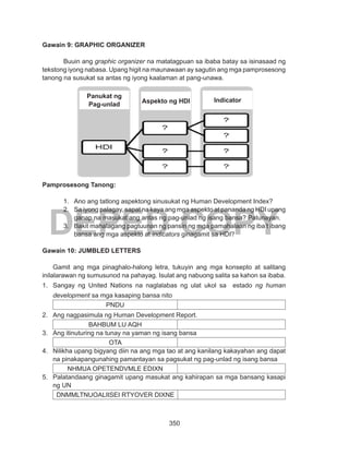 350
DEPED COPY
Gawain 9: GRAPHIC ORGANIZER
Buuin ang graphic organizer na matatagpuan sa ibaba batay sa isinasaad ng
tekstong iyong nabasa. Upang higit na maunawaan ay sagutin ang mga pamprosesong
tanong na susukat sa antas ng iyong kaalaman at pang-unawa.
Pamprosesong Tanong:
1.	 Ano ang tatlong aspektong sinusukat ng Human Development Index?
2.	 Sa iyong palagay, sapat na kaya ang mga aspekto at pananda ng HDI upang
ganap na masukat ang antas ng pag-unlad ng isang bansa? Patunayan.
3.	 Bakit mahalagang pagtuunan ng pansin ng mga pamahalaan ng iba’t ibang
bansa ang mga aspekto at indicators ginagamit sa HDI?
Gawain 10: JUMBLED LETTERS
Gamit ang mga pinaghalo-halong letra, tukuyin ang mga konsepto at salitang
inilalarawan ng sumusunod na pahayag. Isulat ang nabuong salita sa kahon sa ibaba.
1.	 Sangay ng United Nations na naglalabas ng ulat ukol sa estado ng human
development sa mga kasaping bansa nito
PNDU
2.	 Ang nagpasimula ng Human Development Report.
BAHBUM LU AQH
3.	 Ang itinuturing na tunay na yaman ng isang bansa
OTA
4.	 Nilikha upang bigyang diin na ang mga tao at ang kanilang kakayahan ang dapat
na pinakapangunahing pamantayan sa pagsukat ng pag-unlad ng isang bansa
NHMUA OPETENDVMLE EDIXN
5.	 Palatandaang ginagamit upang masukat ang kahirapan sa mga bansang kasapi
ng UN
DNMMLTNUOALIISEI RTYOVER DIXNE
Panukat ng
Pag-unlad
Aspekto ng HDI Indicator
 