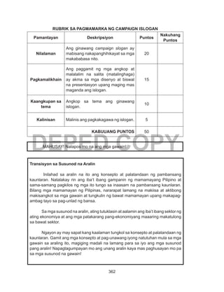 362
DEPED COPY
RUBRIK SA PAGMAMARKA NG CAMPAIGN ISLOGAN
Pamantayan Deskripsiyon Puntos
Nakuhang
Puntos
Nilalaman
Ang ginawang campaign slogan ay
mabisang nakapanghihikayat sa mga
makababasa nito.
20
Pagkamalikhain
Ang paggamit ng mga angkop at
malalalim na salita (matalinghaga)
ay akma sa mga disenyo at biswal
na presentasyon upang maging mas
maganda ang islogan.
15
Kaangkupan sa
tema
Angkop sa tema ang ginawang
islogan.
10
Kalinisan Malinis ang pagkakagawa ng islogan. 5
KABUUANG PUNTOS 50
	
MAHUSAY! Natapos mo na ang mga gawain!
Transisyon sa Susunod na Aralin
Inilahad sa aralin na ito ang konsepto at palatandaan ng pambansang
kaunlaran. Natalakay rin ang iba’t ibang gampanin ng mamamayang Pilipino at
sama-samang pagkilos ng mga ito tungo sa inaasam na pambansang kaunlaran.
Bilang mga mamamayan ng Pilipinas, nararapat lamang na makiisa at aktibong
makisangkot sa mga gawain at tungkulin ng bawat mamamayan upang makapag-
ambag tayo sa pag-unlad ng bansa.
	 Sa mga susunod na aralin, ating tutuklasin at aalamin ang iba’t ibang sektor ng
ating ekonomiya at ang mga patakarang pang-ekonomiyang maaaring makatulong
sa bawat sektor.
	 Ngayon ay may sapat kang kaalaman tungkol sa konsepto at palatandaan ng
kaunlaran. Gamit ang mga konsepto at pag-unawang iyong natutuhan mula sa mga
gawain sa araling ito, magiging madali na lamang para sa iyo ang mga susunod
pang aralin! Napagtagumpayan mo ang unang aralin kaya mas paghusayan mo pa
sa mga susunod na gawain!
 