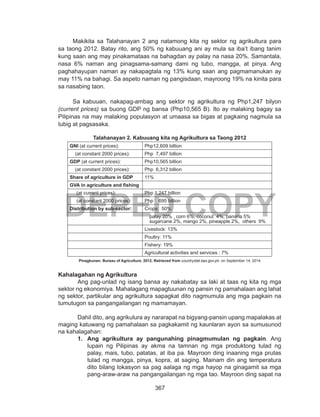 367
DEPED COPY
Makikita sa Talahanayan 2 ang natamong kita ng sektor ng agrikultura para
sa taong 2012. Batay rito, ang 50% ng kabuuang ani ay mula sa iba’t ibang tanim
kung saan ang may pinakamataas na bahagdan ay palay na nasa 20%. Samantala,
nasa 6% naman ang pinagsama-samang dami ng tubo, mangga, at pinya. Ang
paghahayupan naman ay nakapagtala ng 13% kung saan ang pagmamanukan ay
may 11% na bahagi. Sa aspeto naman ng pangisdaan, mayroong 19% na kinita para
sa nasabing taon.
Sa kabuuan, nakapag-ambag ang sektor ng agrikultura ng Php1,247 bilyon
(current prices) sa buong GDP ng bansa (Php10,565 B). Ito ay malaking bagay sa
Pilipinas na may malaking populasyon at umaasa sa bigas at pagkaing nagmula sa
tubig at pagsasaka.
Talahanayan 2. Kabuuang kita ng Agrikultura sa Taong 2012
GNI (at current prices): Php12,609 billion
(at constant 2000 prices): Php 7,497 billion 
GDP (at current prices): Php10,565 billion
(at constant 2000 prices): Php 6,312 billion
Share of agriculture in GDP 11%
GVA in agriculture and fishing
(at current prices): Php 1,247 billion
(at constant 2000 prices): Php 695 billion
Distribution by sub-sector: Crops:  50%:  
palay 20% , corn 6%, coconut  4%, banana 5%   
sugarcane 2%, mango 2%, pineapple 2%,  others  9%
Livestock: 13%
Poultry: 11%
Fishery: 19%
Agricultural activities and services : 7%
Pinagkunan: Bureau of Agriculture. 2012. Retrieved from countrystat.bas.gov.ph. on September 14, 2014
Kahalagahan ng Agrikultura
	 Ang pag-unlad ng isang bansa ay nakabatay sa laki at taas ng kita ng mga
sektor ng ekonomiya. Mahalagang mapagtuunan ng pansin ng pamahalaan ang lahat
ng sektor, partikular ang agrikultura sapagkat dito nagmumula ang mga pagkain na
tumutugon sa pangangailangan ng mamamayan.
	 Dahil dito, ang agrikulura ay nararapat na bigyang-pansin upang mapalakas at
maging katuwang ng pamahalaan sa pagkakamit ng kaunlaran ayon sa sumusunod
na kahalagahan:
1.	 Ang agrikultura ay pangunahing pinagmumulan ng pagkain. Ang
lupain ng Pilipinas ay akma na tamnan ng mga produktong tulad ng
palay, mais, tubo, patatas, at iba pa. Mayroon ding inaaning mga prutas
tulad ng mangga, pinya, kopra, at saging. Mainam din ang temperatura
dito bilang lokasyon sa pag aalaga ng mga hayop na ginagamit sa mga
pang-araw-araw na pangangailangan ng mga tao. Mayroon ding sapat na
 