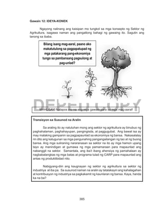 385
DEPED COPY
Gawain 12: IDEYA-KONEK
	 Ngayong nalinang ang kaisipan mo tungkol sa mga konsepto ng Sektor ng
Agrikultura, isagawa naman ang pangatlong bahagi ng gawaing ito. Sagutin ang
tanong sa ibaba.
Transisyon sa Susunod na Aralin
Sa araling ito ay natutuhan mong ang sektor ng agrikultura ay binubuo ng
paghahalaman, paghahayupan, pangingisda, at paggugubat. Ang bawat isa ay
may malaking gampanin sa pagpapaunlad sa ekonomiya ng bansa. Nakasalalay
rin dito ang katugunan sa mga pangunahing pangangailangan ng tao at ng buong
bansa. Ang mga suliraning nararanasan sa sektor na ito ay mga hamon upang
tayo ay manindigan at gumawa ng mga pamamaraan para mapaunlad ang
nabanggit na sektor. Samantala, ang iba’t ibang ahensiya ng pamahalaan ay
nagbabalangkas ng mga batas at programa tulad ng CARP para mapaunlad ang
antas ng produktibidad nito.
Nabigyang-diin ang kaugnayan ng sektor ng agrikultura sa sektor ng
industriya at iba pa. Sa susunod naman na aralin ay tatalakayin ang kahalagahan
at kontribusyon ng industriya sa pagkakamit ng kaunlaran ng bansa. Kaya, handa
ka na ba?
Bilang isang mag-aaral, paano ako
makatutulong sa pagpapatupad ng
mga patakarang pang-ekonomiya
tungo sa pambansang pagsulong at
pag-unlad?
MAHUSAY! Natapos mo na ang mga gawain para sa mga mag-aaral!
 