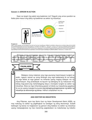 388
DEPED COPY
Gawain 3: ARROW IN ACTION
Saan sa target ring aabot ang kaalaman mo? Sagutin ang arrow question sa
ibaba para masuri ang daloy ng kaalaman sa sektor ng industriya.
Pinagkunan:
https://www.google.com.ph/search?q=clip+art+arrow+man&espv=2&tbm=isch&tbo=u&source=univ&sa=X&ei=6Vv5U5DK
Gonl8AWPj4KgAQ&ved=0CGYQsAQ&biw=1024&bih=610#facrc=_&imgdii=_&imgrc=ZY1QL6cw3xlMiM%253A%3BHntz
dV7QpryUYM%3Bhttp%253A%252F%252Fwww.clipartbest.com%252Fcliparts%252FecM%252F5db%252FecM5dbpcn.
png%3Bhttp%253A%252F%252Fwww.clipartbest.com%252Fclipart-ecM5dbpcn%3B600%3B600, Retrieved on October 2013
ANG SEKTOR NG INDUSTRIYA
	 Ang Pilipinas, ayon kay Norio Usui ng Asian Development Bank (ADB), ay
may malusog na sektor ng paglilingkod na sandigan ng ating ekonomiya. Subalit
kailangan ng bansa na magkaroon ng ganoon ding kalakas na sektor ng industriya
upang makapagbukas ng mas maraming pagkakataon na makahanap ng trabaho
Matapos mong maorganisa ang iyong mga paunang kaalaman tungkol sa
sektor ng industriya, ihanda ang iyong sarili sa susunod na bahagi ng aralin upang
higit mong maunawaan ng mas malalim ang konsepto ng sektor na ito.
pambansang
pag-unlad
natutunan
napagtanto
Ang alamko
Ano ang alam ko sa
Sektor ng Industriya?
PAUNLARIN
Matapos mong malaman ang mga paunang impormasyon tungkol sa
aralin, ngayon naman ay iyong lilinangin ang mga kaalamang ito sa tulong
ng mga teksto at mga gawain na inihanda upang maging batayan mo ng
impormasyon. Ang pinakatiyak na layunin ng bahaging ito ay matutunan mo
bilang mag-aaral ang mahahalagang ideya o konsepto tungkol sa sektor ng
industriya. Mula sa mga inihandang gawain at teksto ay inaasahang gagabay
ito sa iyo upang masagot kung ano ang bahaging ginagampanan ng sektor ng
industriya sa ekonomiya ng bansa. Halina’t umpisahan mo na.
 