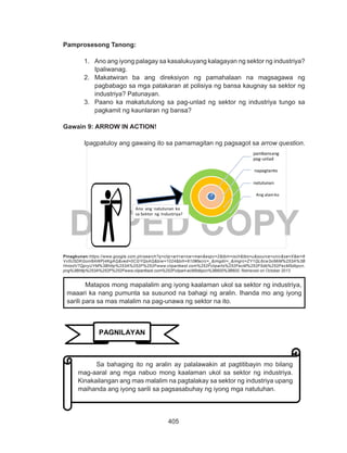 405
DEPED COPY
Pamprosesong Tanong:
1.	 Ano ang iyong palagay sa kasalukuyang kalagayan ng sektor ng industriya?
Ipaliwanag.
2.	 Makatwiran ba ang direksiyon ng pamahalaan na magsagawa ng
pagbabago sa mga patakaran at polisiya ng bansa kaugnay sa sektor ng
industriya? Patunayan.
3.	 Paano ka makatutulong sa pag-unlad ng sektor ng industriya tungo sa
pagkamit ng kaunlaran ng bansa?
Gawain 9: ARROW IN ACTION!
Ipagpatuloy ang gawaing ito sa pamamagitan ng pagsagot sa arrow question.
Pinagkunan:https://www.google.com.ph/search?q=clip+art+arrow+man&espv=2&tbm=isch&tbo=u&source=univ&sa=X&ei=6
Vv5U5DKGonl8AWPj4KgAQ&ved=0CGYQsAQ&biw=1024&bih=610#facrc=_&imgdii=_&imgrc=ZY1QL6cw3xlMiM%253A%3B
HntzdV7QpryUYM%3Bhttp%253A%252F%252Fwww.clipartbest.com%252Fcliparts%252FecM%252F5db%252FecM5dbpcn.
png%3Bhttp%253A%252F%252Fwww.clipartbest.com%252Fclipart-ecM5dbpcn%3B600%3B600, Retrieved on October 2013
Matapos mong mapalalim ang iyong kaalaman ukol sa sektor ng industriya,
maaari ka nang pumunta sa susunod na bahagi ng aralin. Ihanda mo ang iyong
sarili para sa mas malalim na pag-unawa ng sektor na ito.
pambansang
pag-unlad
natutunan
napagtanto
Ang alamko
Ano ang natutunan ko
sa Sektor ng Industriya?
PAGNILAYAN
Sa bahaging ito ng aralin ay palalawakin at pagtitibayin mo bilang
mag-aaral ang mga nabuo mong kaalaman ukol sa sektor ng industriya.
Kinakailangan ang mas malalim na pagtalakay sa sektor ng industriya upang
maihanda ang iyong sarili sa pagsasabuhay ng iyong mga natutuhan.
 