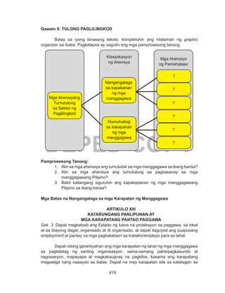 419
DEPED COPY
Gawain 8: TULONG PAGLILINGKOD
Batay sa iyong binasang teksto, kompletuhin ang nilalaman ng graphic
organizer sa ibaba. Pagkatapos ay sagutin ang mga pamprosesong tanong.
Pamprosesong Tanong:
1.	 Alin sa mga ahensiya ang tumututok sa mga manggagawa sa ibang bansa?
2.	 Alin sa mga ahensiya ang tumutulong sa pagsasanay sa mga
manggagawang Pilipino?
3.	 Bakit kailangang siguruhin ang kapakapanan ng mga manggagawang
Pilipino sa ibang bansa?
Mga Batas na Nangangalaga sa mga Karapatan ng Manggagawa
ARTIKULO XIII
KATARUNGANG PANLIPUNAN AT
MGA KARAPATANG PANTAO PAGGAWA
Sek. 3. Dapat magkaloob ang Estado ng lubos na proteksyon sa paggawa, sa lokal
at sa ibayong dagat, organisado at di organisado, at dapat itaguyod ang puspusang
employment at pantay na mga pagkakataon sa trabaho/empleyo para sa lahat.
	 Dapat nitong garantiyahan ang mga karapatan ng lahat ng mga manggagawa
sa pagtatatag ng sariling organisasyon, sama-samang pakikipagkasundo at
negosasyon, mapayapa at magkakaugnay na pagkilos, kasama ang karapatang
magwelga nang naaayon sa batas. Dapat na may karapatan sila sa katatagan sa
Mga Ahensiyang
Tumutulong
sa Sektor ng
Paglilingkod
Nangangalaga
sa kapakanan
ng mga
manggagawa
Humuhubog
sa kakayahan
ng mga
manggagawa
Klasipikasyon
ng Ahensya
Mga Ahensiya
ng Pamahalaan
?
?
?
?
?
?
 
