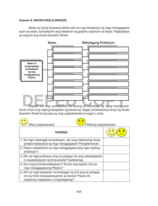 424
DEPED COPY
Gawain 9: BATAS-PAGLILINGKOD
Batay sa iyong binasang teksto ukol sa mga benepisyo ng mga manggagawa
ayon sa batas, kompletuhin ang nilalaman ng graphic organizer sa ibaba. Pagkatapos
ay sagutin ang Guide Question Sheet.
			Batas:			 Mahalagang Probisyon:
	
Sagutin mo ang sumusunod na tanong at humanap ng isang kamag-aral.
Suriin ninyo ang naging kasagutan ng bawat isa. Ilagay sa ikalawang hanay ng Guide
Question Sheet kung kayo ay may pagkakatulad na sagot o wala.
	(May pagkakatulad)			 (Walang pagkakatulad)
TANONG
1. Sa mga nabanggit na probisyon, alin ang maituturing mong
pinaka-nakabubuti sa mga manggagawa? Pangatwiranan.
2. Paano makabubuti sa mga manggagawa ang mga napiling
probisyon?
3. Alin sa mga probisyon ang sa palagay mo ang nakakaligtaan
o napapabayaan ng kinauukulan? Ipaliwanag.
4. Ano ang kontraktuwalisasyon? At ano ang epekto nito sa
mga manggagawang Pilipino?
5. Alin sa mga karapatan na binanggit ng ILO ang sa palagay
mo ay hindi naisasakatuparan sa bansa? Paano ito
maaaring mapalakas o maipalaganap?
Batas na
nangangalaga
sa karapatan
ng mga
manggagawang
Pilipino
 