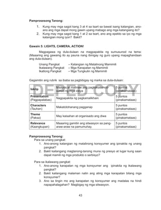 43
DEPED COPY
Pamprosesong Tanong:
1.	 Kung may mga sagot kang 3 at 4 sa tsart sa bawat isang katangian, ano-
ano ang mga dapat mong gawin upang mabago ang mga katangiang ito?
2.	 Kung may mga sagot kang 1 at 2 sa tsart, ano ang epekto sa iyo ng mga
katangian mong iyon? Bakit?
Gawain 5: LIGHTS, CAMERA, ACTION!
Magpagawa ng dula-dulaan na magpapakita ng sumusunod na tema:
(Maaaring ang gawaing ito ay pauna nang ibinigay ng guro upang mapaghandaan
ang dula-dulaan).
Unang Pangkat 	 – Katangian ng Matalinong Mamimili
Ikalawang Pangkat 	 – Mga Karapatan ng Mamimili
Ikatlong Pangkat 	 – Mga Tungkulin ng Mamimili
Gagamitin ang rubrik sa ibaba sa pagbibigay ng marka sa dula-dulaan:
Iskrip
Maayos at malinaw ang pagkakasunod-
sunod ng mga ideya
5 puntos
(pinakamataas)
Presentation
(Pagpapalabas)
Nagpapakita ng pagkamalikhain
5 puntos
(pinakamataas)
Characters
(Tauhan)
Makatotohanang pagganap
5 puntos
(pinakamataas)
Theme
(Paksa)
May kaisahan at organisado ang diwa
5 puntos
(pinakamataas)
Relevance
(Kaangkupan)
Maaaring gamitin ang sitwasyon sa pang-
araw-araw na pamumuhay.
5 puntos
(pinakamataas)
Pamprosesong Tanong:
Para sa unang pangkat:
1.	 Ano-anong katangian ng matalinong konsyumer ang ipinakita ng unang
pangkat?
2.	 Bakit kailangang magtanong-tanong muna ng presyo at lugar kung saan
dapat mamili ng mga produkto o serbisyo?
Para sa ikalawang pangkat:
1.	 Ano-anong karapatan ng mga konsyumer ang ipinakita ng ikalawang
pangkat?
2.	 Bakit kailangang malaman natin ang ating mga karapatan bilang mga
konsyumer?
3.	 Ano sa tingin mo ang karapatan ng konsyumer ang madalas na hindi
napapahalagahan? Magbigay ng mga sitwasyon.
 