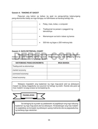 36
DEPED COPY
Gawain 4: TANONG AT SAGOT
	 Papunan ang kahon sa kaliwa ng apat na pangunahing katanungang
pang-ekonomiko batay sa mga ibinigay na halimbawa sa kanang bahagi nito.
•	 Palay, mais, kotse, o computer
•	 Tradisyonal na paraan o paggamit ng
teknolohiya
•	 Mamamayan sa loob o labas ng bansa
•	 500 kilo ng bigas o 200 metrong tela
Gawain 5: DATA RETRIEVAL CHART
Magpasaliksik ukol sa mga bansang sumailalim sa mga sistemang pang-eko-
nomiya na nasa kaliwang bahagi ng tsart. Magpabigay ng tatlo hanggang limang
bansa at isulat ito sa kanang bahagi ng tsart.
SISTEMANG PANG-EKONOMIYA MGA BANSA
Tradisyunal na ekonomiya
market economy
command economy
mixed economy
Matapos mapalalim ang kaalaman ng mga mag-aaral ukol sa alokasyon,
maaari na silang magpatuloy sa susunod na bahagi ng aralin. Ihanda sila para sa
mas malalim na pag-unawa sa konseptong ito.
	 Sa bahaging ito ng aralin ay palalawakin at pagtitibayin ang mga nabuong
kaalaman ng mga mag-aaral ukol sa alokasyon. Kinakailangan ang mas malalim
na pagtalakay sa konsepto ng alokasyon upang maihanda sila sa pagsasabuhay
ng kanilang mga natutuhan.
PAGNILAYAN
 