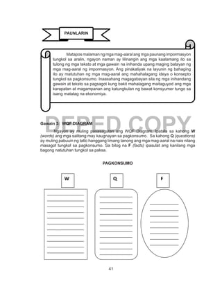 41
DEPED COPYGawain 3: WQF DIAGRAM
	 Ngayon ay muling pasasagutan ang WQF Diagram. Ipatala sa kahong W
(words) ang mga salitang may kaugnayan sa pagkonsumo. Sa kahong Q (questions)
ay muling pabuuin ng tatlo hanggang limang tanong ang mga mag-aaral na nais nilang
masagot tungkol sa pagkonsumo. Sa bilog na F (facts) ipasulat ang kanilang mga
bagong natutuhan tungkol sa paksa.
PAGKONSUMO
W Q F
__________________
__________________
__________________
__________________
__________________
__________________
__________________
__________________
__________________
__________________
__________________
__________________
________________
________________
________________
________________
________________
________________
________________
________________
________________
________________
________________
________________
______________
______________
______________
______________
______________
______________
______________
______________
______________
______________
__
PAUNLARIN
	 Matapos malaman ng mga mag-aaral ang mga paunang impormasyon
tungkol sa aralin, ngayon naman ay lilinangin ang mga kaalamang ito sa
tulong ng mga teksto at mga gawain na inihanda upang maging batayan ng
mga mag-aaral ng impormasyon. Ang pinakatiyak na layunin ng bahaging
ito ay matutuhan ng mga mag-aaral ang mahahalagang ideya o konsepto
tungkol sa pagkonsumo. Inaasahang magagabayan sila ng mga inihandang
gawain at teksto sa pagsagot kung bakit mahalagang maitaguyod ang mga
karapatan at magampanan ang katungkulan ng bawat konsyumer tungo sa
isang matatag na ekonomiya.
 