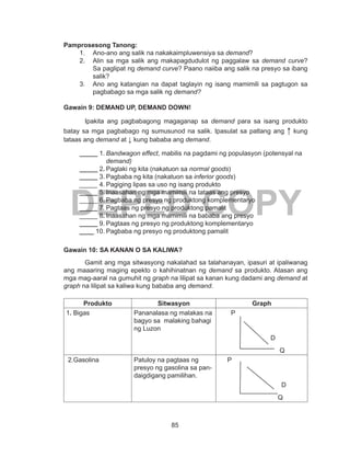 85
DEPED COPY
Pamprosesong Tanong:
1.	 Ano-ano ang salik na nakakaimpluwensiya sa demand?
2.	 Alin sa mga salik ang makapagdudulot ng paggalaw sa demand curve?
Sa paglipat ng demand curve? Paano naiiba ang salik na presyo sa ibang
salik?
3.	 Ano ang katangian na dapat taglayin ng isang mamimili sa pagtugon sa
pagbabago sa mga salik ng demand?
Gawain 9: DEMAND UP, DEMAND DOWN!
	 Ipakita ang pagbabagong magaganap sa demand para sa isang produkto
batay sa mga pagbabago ng sumusunod na salik. Ipasulat sa patlang ang ↑ kung
tataas ang demand at ↓ kung bababa ang demand.
_____ 1.	Bandwagon effect, mabilis na pagdami ng populasyon (potensyal na 	
	 demand)
_____ 2.	Paglaki ng kita (nakatuon sa normal goods)
_____ 3.	Pagbaba ng kita (nakatuon sa inferior goods)
_____ 4.	Pagiging lipas sa uso ng isang produkto
_____ 5.	Inaasahan ng mga mamimili na tataas ang presyo
_____ 6.	Pagbaba ng presyo ng produktong komplementaryo
_____ 7.	Pagtaas ng presyo ng produktong pamalit
_____ 8.	Inaasahan ng mga mamimili na bababa ang presyo
_____ 9.	Pagtaas ng presyo ng produktong komplementaryo
____ 10.	Pagbaba ng presyo ng produktong pamalit
Gawain 10: SA KANAN O SA KALIWA?
Gamit ang mga sitwasyong nakalahad sa talahanayan, ipasuri at ipaliwanag
ang maaaring maging epekto o kahihinatnan ng demand sa produkto. Atasan ang
mga mag-aaral na gumuhit ng graph na lilipat sa kanan kung dadami ang demand at
graph na lilipat sa kaliwa kung bababa ang demand.
Produkto Sitwasyon Graph
1. Bigas Pananalasa ng malakas na
bagyo sa malaking bahagi
ng Luzon
P
D
Q
2.Gasolina Patuloy na pagtaas ng
presyo ng gasolina sa pan-
daigdigang pamilihan.
P
D
Q
 