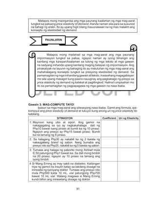 91
DEPED COPY
Gawain 3: MAG-COMPUTE TAYO!
	 Ipasuri sa mga mag-aaral ang sitwasyong nasa ibaba. Gamit ang formula, ipa-
kompyut ang price elasticity of demand at tukuyin kung anong uri ng price elasticity ito
kabilang.
SITWASYON Coefficient Uri ng Elasticity
1.	Mayroon kang ubo at sipon. Ang gamot na
nakagagaling sa iyo ay nagkakahalaga dati ng
Php10 bawat isang piraso at bumili ka ng 10 piraso.
Ngayon ang presyo ay Php15 bawat piraso. Bumili
ka na lamang ng 8 piraso.
2. Sa halagang Php30 ay nakabili ka ng 2 bareta ng
nakaugaliang brand ng sabon. Nang bumaba ang
presyo nito sa Php25, nakabili ka ng 5 bareta ng sabon.
3. Tumaas ang halaga ng paborito mong fishball mula
₵.50 patungong Php1 bawat isa. Sa dati mong binibili
na 20 piraso, ngayon ay 10 piraso na lamang ang
iyong binibili.
4 Si Mang Erning ay may sakit na diabetes. Kailangan
niya ng gamot na insulin batay sa takdang dosage na
inireseta ng kaniyang doktor. Tumaas ang presyo nito
mula Php500 kada 10 mL. vial patungong Php700
bawat 10 mL vial. Walang magawa si Mang Erning
kundi bilhin ang iniresetang dosage ng doktor.
	 Matapos mong maorganisa ang mga paunang kaalaman ng mga mag-aaral
tungkol sa paksang price elasticity of demand, ihanda naman sila para sa susunod
na bahagi ng aralin. Ito ay upang higit nilang mauunawaan na ng mas malalim ang
konsepto ng elastisidad ng demand.
PAUNLARIN
	 Matapos mong mailahad sa mga mag-aaral ang mga paunang
impormasyon tungkol sa paksa, ngayon naman ay iyong lilinangin ang
kanilang mga kaisipan/kaalaman sa tulong ng mga teksto at mga gawain
na sadyang inihanda upang kanilang maging batayan ng impormasyon. Ang
pinakatiyak na layunin ng bahaging ito ay matutuhan ng mga mag-aaral ang
mahahalagang konsepto tungkol sa presyong elastisidad ng demand. Sa
pamamagitanngmgainihandanggawainatteksto,inaasahangmagagabayan
mo sila upang masagot kung paano nauugnay ang pagbabago ng presyo sa
price elasticity ng demand ng kalakal at paglilingkod. Halina’t umpisahan mo
ito sa pamamagitan ng pagpapagawa ng mga gawain na nasa ibaba.
 