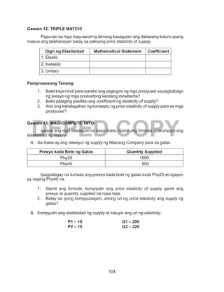 104
DEPED COPY
Gawain 12: TRIPLE MATCH!
	 Papunan sa mga mag-aaral ng tamang kasagutan ang dalawang kolum upang
mabuo ang talahanayan batay sa paksang price elasticity of supply.
Digri ng Elastisidad Mathematical Statement Coefficient
1. Elastic
2. Inelastic
3. Unitary
Pamprosesong Tanong:
1.	 Bakit kaya hindi pare-pareho ang pagtugon ng mga prodyuser sa pagbabago
ng presyo ng mga produktong kanilang ibinebenta?
2.	 Bakit palaging positibo ang coefficient ng elasticity of supply?
3.	 Ano ang kahalagahan ng konsepto ng price elasticity of supply para sa mga
prodyuser?
Gawain 13: MAG-COMPUTE TAYO!
Ipasuri ang mga sitwasyon na nasa ibaba. Gamit ang formula, ipakompyut ang
elastisidad ng supply.
A.	 Sa ibaba ay ang iskedyul ng supply ng Malusog Company para sa gatas.
Presyo kada Bote ng Gatas Quantity Supplied
Php25 1000
Php40 800
	
	 Ipagpalagay na tumaas ang presyo kada bote ng gatas mula Php25 at ngayon
ay naging Php40 na.
1.	 Gamit ang formula, kompyutin ang price elasticity of supply gamit ang
presyo at quantity supplied na nasa taas.
2.	 Batay sa iyong kompyutasyon, anong uri ng price elasticity ang supply ng
gatas?
B.	 Kompyutin ang elastisidad ng supply at tukuyin ang uri ng elasticity.
			P1 – 10			 Q1 – 200
			P2 – 15			Q2 – 220
 