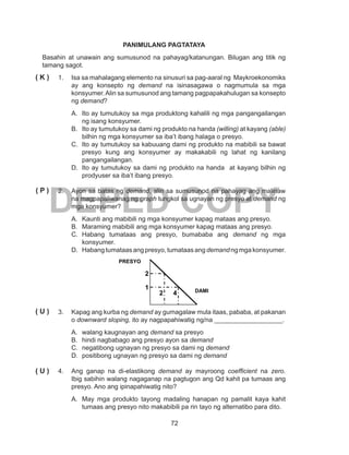 72
DEPED COPY
PANIMULANG PAGTATAYA
Basahin at unawain ang sumusunod na pahayag/katanungan. Bilugan ang titik ng
tamang sagot.
1.	 Isa sa mahalagang elemento na sinusuri sa pag-aaral ng Maykroekonomiks
ay ang konsepto ng demand na isinasagawa o nagmumula sa mga
konsyumer.Alin sa sumusunod ang tamang pagpapakahulugan sa konsepto
ng demand?
A.	 Ito ay tumutukoy sa mga produktong kahalili ng mga pangangailangan
ng isang konsyumer.
B.	 Ito ay tumutukoy sa dami ng produkto na handa (willing) at kayang (able)
bilhin ng mga konsyumer sa iba’t ibang halaga o presyo.
C.	 Ito ay tumutukoy sa kabuuang dami ng produkto na mabibili sa bawat
presyo kung ang konsyumer ay makakabili ng lahat ng kanilang
pangangailangan.
D.	 Ito ay tumutukoy sa dami ng produkto na handa at kayang bilhin ng
prodyuser sa iba’t ibang presyo.
2.	 Ayon sa batas ng demand, alin sa sumusunod na pahayag ang malinaw
na magpapaliwanag ng graph tungkol sa ugnayan ng presyo at demand ng
mga konsyumer?
A.	 Kaunti ang mabibili ng mga konsyumer kapag mataas ang presyo.
B.	 Maraming mabibili ang mga konsyumer kapag mataas ang presyo.
C.	Habang tumataas ang presyo, bumababa ang demand ng mga
konsyumer.
D.	 Habang tumataas ang presyo, tumataas ang demand ng mga konsyumer.
3.	 Kapag ang kurba ng demand ay gumagalaw mula itaas, pababa, at pakanan
o downward sloping, ito ay nagpapahiwatig ng/na ___________________.
A.	 walang kaugnayan ang demand sa presyo
B.	 hindi nagbabago ang presyo ayon sa demand
C.	 negatibong ugnayan ng presyo sa dami ng demand
D.	 positibong ugnayan ng presyo sa dami ng demand
4.	 Ang ganap na di-elastikong demand ay mayroong coefficient na zero.
Ibig sabihin walang nagaganap na pagtugon ang Qd kahit pa tumaas ang
presyo. Ano ang ipinapahiwatig nito?
A.	 May mga produkto tayong madaling hanapan ng pamalit kaya kahit
tumaas ang presyo nito makabibili pa rin tayo ng alternatibo para dito.
2
1
2 4
PRESYO
DAMI
( K )
( P )
( U )
( U )
 