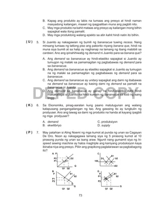 73
DEPED COPY
B.	 Kapag ang produkto ay labis na tumaas ang presyo at hindi naman
masyadong kailangan, maaari ng ipagpaliban muna ang pagbili nito.
C.	 May mga produkto na kahit mataas ang presyo ay kailangan mong bilhin
sapagkat wala itong pamalit.
D.	 May mga produktong walang epekto sa atin kahit hindi natin ito bilhin.
5.	 Si Juanito ay nakagawian ng bumili ng bananacue tuwing recess. Nang
minsang tumaas ng tatlong piso ang paborito niyang banana que, hindi na
muna siya bumili at sa halip ay naghanap na lamang ng ibang mabibili sa
canteen. Ano ang ipinahihiwatig ng demand ni Juanito para sa banana que?
A.	Ang demand sa bananacue ay hindi-elastiko sapagkat si Juanito ay
tumugon ng malaki sa pamamagitan ng pagbabawas ng demand para
sa bananacue.
B.	Ang demand sa bananacue ay elastiko sapagkat si Juanito ay tumugon
na ng malaki sa pamamagitan ng pagbabawas ng demand para sa
bananacue.
C.	Ang demand sa bananacue ay unitary sapagkat ang dami ng ibabawas
na demand sa bananacue ay kasing dami ng demand sa pamalit na
bananacue ni Juanito.
D.	Ang demand sa bananacue ay ganap na hindi-elastiko dahil hindi
makakatagal si Juanito na hindi kumain ng bananacue sa loob ng isang
linggo.
6.	 Sa Ekonomiks, pinag-aaralan kung paano matutugunan ang walang
katapusang pangangailangan ng tao. Ang gawaing ito ay tungkulin ng
prodyuser. Ano ang tawag sa dami ng produkto na handa at kayang ipagbili
ng mga prodyuser?
A.	 demand					C. produksiyon
B.	ekwilibriyo				D. supply
7. 	 May patahian si Aling Noemi ng mga kumot at punda ng unan sa Cagayan
De Oro. Noon ay nakagagawa lamang siya ng 5 pirasong kumot at 10
pirasong punda ng unan sa isang araw. Ngunit nang gumamit siya ng hi-
speed sewing machine ay halos magtriple ang kaniyang produksiyon kaya
ibinaba niya ang presyo. Piliin ang grapikong paglalarawan sa pagbabagong
ito?
( U )
( K )
( P )
 