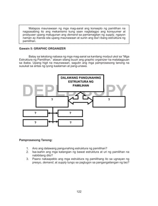 122
DEPED COPY
Gawain 5: GRAPHIC ORGANIZER
Batay sa tekstong nabasa ng mga mag-aaral sa kanilang modyul ukol sa “Mga
Estruktura ng Pamilihan,” atasan silang buuin ang graphic organizer na matatagpuan
sa ibaba. Upang higit na maunawaan, sagutin ang mga pamprosesong tanong na
susukat sa antas ng iyong kaalaman at pang-unawa.
Pamprosesong Tanong:
1.	 Ano ang dalawang pangunahing estruktura ng pamilihan?
2.	 Isa-isahin ang mga katangian ng bawat estruktura at uri ng pamilihan na
nabibilang dito?
3.	 Paano nakaapekto ang mga estruktura ng pamilihang ito sa ugnayan ng
presyo, demand, at supply tungo sa pagtugon sa pangangailangan ng tao?
	 Matapos maunawaan ng mga mag-aaral ang konsepto ng pamilihan na
nagsasabing ito ang mekanismo kung saan nagtatagpo ang konsyumer at
prodyuser upang matugunan ang demand sa pamamagitan ng supply, ngayon
naman ay ihanda sila upang maunawaan at suriin ang iba’t ibang estruktura ng
pamilihan.
DALAWANG PANGUNAHING
ESTRUKTURA NG
PAMILIHAN
? ?
? ?
? ?
 