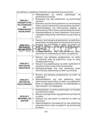 225
DEPED COPY
Sa araling ito, inaasahang matutuhan ng mag-aaral ang sumusunod:
ARALIN 1:
KONSEPTO NG
PALATANDAAN
NG
PAMBANSANG
KAUNLARAN
•	 Nakapagbibigay ng sariling pakahulugan sa
pambansang kaunlaran
•	 Nasisiyasat ang mga palatandaan ng pambansang
kaunlaran
•	 Natutukoy ang iba’t ibang gampanin ng mamamayang
Pilipino upang makatulong sa pambansang kaunlaran
•	 Napahahalagahan ang sama-samang pagkilos ng
mamamayang Pilipino para sa pambansang kaunlaran
•	 Nakapagsasagawa ng isang pagpaplano kung paano
makapag-ambag bilang mamamayan sa pag-unlad ng
bansa
ARALIN 2:
SEKTOR NG
AGRIKULTURA
•	 Nasusuri ang bahaging ginagampanan ng agrikultura,
pangingisda, at paggugubat sa ekonomiya at sa bansa
•	 Nasusuri ang mga dahilan at epekto ng suliranin ng
sektor ng agrikultura, pangingisda, at paggugubat sa
bawat Pilipino
•	 Nabibigyang-halaga ang mga patakarang pang-
ekonomiya na nakatutulong sa sektor ng agrikultura
ARALIN 3:
SEKTOR NG
INDUSTRIYA
•	 Nasusuri ang bahaging ginagampanan ng sektor
ng industriya tulad ng pagmimina, tungo sa isang
masiglang ekonomiya
•	 Nasusuri ang pagkakaugnay ng sektor agrikultural at
industriyal tungo sa pag-unlad ng kabuhayan
•	 Nabibigyang-halaga ang mga patakarang pang-
ekonomiyang nakatutulong sa sektor ng industriya
ARALIN 4:
SEKTOR NG
PAGLILINGKOD
•	 Nasusuri ang bahaging ginagampanan ng sektor ng
paglilingkod
•	 Napapahalagahan ang mga patakarang pang-
ekonomiyang nakatutulong sa sektor ng paglilingkod:
Batas na nagbibigay proteksiyon at nangangalaga sa
mga karapatan ng manggagawa
ARALIN 5:
IMPORMAL NA
SEKTOR
•	 Nakapagbibigay ng sariling pakahulugan sa konsepto
ng impormal na sektor
•	 Nasusuri ang mga dahilan ng pagkakaroon ng impormal
na sektor
•	 Natataya ang mga epekto ng impormal na sektor ng
ekonomiya
•	 Napahahalagahan ang pagsunod sa mga patakarang
pang-ekonomiya tungo sa pagkamit ng pambansang
kaunlaran
 