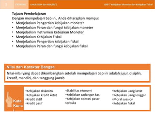 Tujuan Pembelajaran
Dengan mempelajari bab ini, Anda diharapkan mampu:
• Menjelaskan Pengertian kebijakan moneter
• Menjelaskan Peran dan fungsi kebijakan moneter
• Menjelaskan Instrumen Kebijakan Moneter
• Menjelaskan Kebijakan Fiskal
• Menjelaskan Pengertian kebijakan fiskal
• Menjelaskan Peran dan fungsi kebijakan fiskal
3
Nilai-nilai yang dapat dikembangkan setelah mempelajari bab ini adalah jujur, disiplin,
kreatif, mandiri, dan tanggung jawab
Nilai dan Karakter Bangsa
Kata
Kunc
i
•Kebijakan diskonto
•Kebijakan kredit ketat
•Kredit aktif
•Kredit pasif
•Stabilitas ekonomi
•Kebijakan cadangan kas
•Kebijakan operasi pasar
terbuka
•Kebijakan uang ketat
•Kebijakan uang longgar
•Moral suasion
•Kebijakan fiskal
 