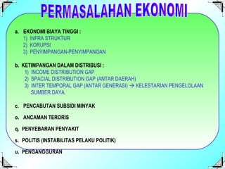 a.   EKONOMI BIAYA TINGGI :   1)  INFRA STRUKTUR   2)  KORUPSI   3)  PENYIMPANGAN-PENYIMPANGAN b.  KETIMPANGAN DALAM DISTRIBUSI :   1)  INCOME DISTRIBUTION GAP   2)  SPACIAL DISTRIBUTION GAP (ANTAR DAERAH)   3)  INTER TEMPORAL GAP (ANTAR GENERASI)    KELESTARIAN PENGELOLAAN    SUMBER DAYA. c.  PENCABUTAN SUBSIDI MINYAK ANCAMAN TERORIS PENYEBARAN PENYAKIT POLITIS (INSTABILITAS PELAKU POLITIK) PENGANGGURAN PERMASALAHAN EKONOMI 