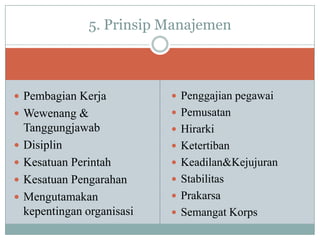  Pembagian Kerja
 Wewenang &
Tanggungjawab
 Disiplin
 Kesatuan Perintah
 Kesatuan Pengarahan
 Mengutamakan
kepentingan organisasi
 Penggajian pegawai
 Pemusatan
 Hirarki
 Ketertiban
 Keadilan&Kejujuran
 Stabilitas
 Prakarsa
 Semangat Korps
5. Prinsip Manajemen
 