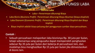 SIFAT DAN FUNGSI LABA
Contoh :
• Sebuah perusahaan melaporkan laba bisnisnya Rp. 30 juta per bulan,
tetapi sebenarnya sang pengusaha dapat memperoleh penghasilan
sebesar Rp 35 juta per bulan dari bekerja di perusahaan lain, dan
modalnya bisa menghasilkan Rp 15 juta per bulan jika diinvestasikan
di bisnis lain.
Definisi Laba
• Laba = Penerimaan dikurangi Biaya
• Laba Bisnis (Business Profit) : Penerimaan dikurangi Biaya Akuntasi (biaya eksplisit)
• Laba Ekonomi (Economic Profit) : Penerimaan dikurangi Biaya Eksplisit dan Biaya
Implisit
• Biaya implisit adalah biaya peluang dari penggunaan sumber daya perusahaan.
 