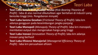 Teori Laba
• Teori Laba dalam Menghadapi Resiko (Risk Bearing Theories of
Profit) : laba di atas normal dibutuhkan agar bertahan di industri yang
beresiko tinggi (mis. Pengeboran minyak)
• Teori Laba karena Gesekan (Frictional Theory of Profit): laba krn
adanya gangguan pada keseimbangan jangka panjang
• Teori Laba Monopoli (Monopoly Theory of Profit): laba krn monopoli,
membatasi output dan mengenakan harga yang tinggi
• Teori Laba Inovasi (Innovation Theory of Profit): laba krn adanya
inovasi yang berhasil
• Teori Laba Efisiensi Manajerial (Managerial Efficiency Theory of
Profit) : laba krn perusahaan efisien
 