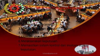 h.hoyin@yahoo.co.id
1.Menentukan masalah.
2.Menentukan batasan.
3.Mengembangkan alternatif jawaban.
4.Menganalisa setiap alternatif.
5.Memilih alternatif.
6.Melaksanakan keputusan.
7.Memastikan sistem kontrol dan evaluasi atas
keputusan.
Alur ProsesPembuatan Keputusan
 
