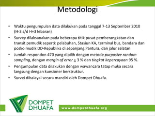 Metodologi Waktu pengumpulan data dilakukan pada tanggal 7-13 September 2010 (H-3 s/d H+3 lebaran) Survey dilaksanakan pada beberapa titik pusat pemberangkatan dan transit pemudik seperti: pelabuhan, Stasiun KA, terminal bus, bandara dan posko mudik DD-Republika di sepanjang Pantura, dan jalur selatan  Jumlah respondon 470 yang dipilih dengan metode  purposive random sampling , dengan  margin of error   +  3 % dan  tingkat kepercayaan  95 %. Pengumpulan data dilakukan dengan wawancara tatap muka secara langsung dengan kuesioner berstruktur. Survei dibaiayai secara mandiri oleh Dompet Dhuafa. 