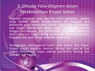 3. Circular Flow Diagram dalam 
Perekonomian Empat Sektor 
Kegiatan ekonomi yang bersifat lebih kompleks, pelaku 
yang terlibat dalam perekonomian ini meliputi dua 
kelompok yaitu masyarakat dalam negeri dan masyarakat 
luar negeri. Masyarakat dalam negeri terdiri atas rumah 
tangga, perusahaan, dan pemerintah. Kelompok ekonomi 
dalam dan luar negeri saling berinteraksi membentuk arus 
lingkaran dan jasa, faktor produksi serta uang. 
Perdagangan Internasional terdiri atas ekspor dan impor. 
Ekspor adalah kegiatan menjual barang dan jasa ke luar 
negeri. Sebaliknya, impor adalah pembelian barang dan 
jasa dari luar negeri. 
 
