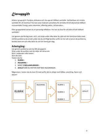6
Elevuppgift
Arbeta i grupp på 4. Fundera, diskutera och rita upp ett hållbart samhälle. Vad behöver ett mindre
samhälle för att överleva? Hur kan varje invånare samarbeta för att bidra till ett ekonomisk hållbart
minisamhälle? Energi, extra inkomster, offentlig sektor, infrastruktur…
Efter grupparbetet skriver du en personlig reflektion. Hur kan du leva för att bidra till ett hållbart
samhälle?
Läs igenom alla förslag ovan, sid 5, och stryk under vilka delar du själv och din familj kan bidra med.
Utifrån punkterna du strukit under ska du skriftligt berätta varför du har valt ut precis de punkterna,
berätta även om och vilka delar du och din familj gör idag.
Arbetsgång:
Läs igenom punkterna som du fått på pappret.
Stryk under de punkter som du väljer att skriva om.
Skriv i stödorden inför texten.
Skriv din text.
Texten ska ha:
1. RUBRIK –
2. INLEDNING –
3. MINST 3 MELLANRUBRIKER –
4. AVSLUT DÄR DU KNYTER IHOP MED INLEDNINGEN.
Någonstans i texten ska du även få med varför det är viktigt med hållbar utveckling. Namn och
datum!
RUBRIK
INLEDNING RUBRIK 1
RUBRIK 2
RUBRIK 3
AVSLUT
 