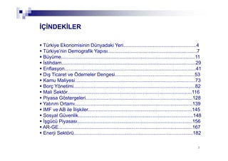 33
İÇİNDEKİLER
Türkiye Ekonomisinin Dünyadaki Yeri......................................................4
Türkiye’nin Demografik Yapısı..................................................................7
Büyüme...................................................................................................11
İstihdam...................................................................................................29
Enflasyon.................................................................................................41
Dış Ticaret ve Ödemeler Dengesi...........................................................53
Kamu Maliyesi.........................................................................................73
Borç Yönetimi..........................................................................................82
Mali Sektör............................................................................................116
Piyasa Göstergeleri...............................................................................128
Yatırım Ortamı.......................................................................................139
IMF ve AB ile İlişkiler.............................................................................145
Sosyal Güvenlik.....................................................................................148
İşgücü Piyasası.....................................................................................156
AR-GE...................................................................................................167
Enerji Sektörü........................................................................................182
 