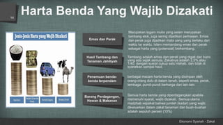 Harta Benda Yang Wajib Dizakati
Ekonomi Syariah - Zakat
14
Tambang adalah emas dan perak yang digali dari bumi
yang ada sejak semula. Zakatnya adalah 2,5% atau
1/40, dengan syarat cukup satu nishab, dan tidak di
syaratkan sampai haul.
Merupakan logam mulia yang selain merupakan
tambang elok, juga sering dijadikan perhiasan. Emas
dan perak juga dijadikan mata uang yang berlaku dari
waktu ke waktu. Islam memandang emas dan perak
sebagai harta yang (potensial) berkembang.
Semua harta benda yang diperdagangkan apabila
memenuhi syarat, wajib dizakati. Semua ulama
madzhab sepakat bahwa jumlah (kadar) yang wajib
dikeluarkan dalam zakat tanaman dan buah-buahan
adalah sepuluh persen (10%)
berbagai macam harta benda yang disimpan oleh
orang-orang dulu di dalam tanah, seperti emas, perak,
tembaga, pundi-pundi berharga dan lain-lain.
Emas dan Perak
Hasil Tambang dan
Tanaman Jahiliyah
Penemuan benda-
benda terpendam
Barang Perdagangan,
Hewan & Makanan
 