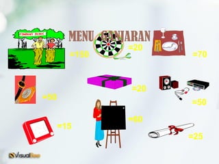 =70
=50
=150
=20
=20
=60
=25
=50
=15
MENU GANJARAN
 