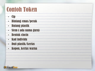Contoh Token
• Cip
• Bintang emas/perak
• Butang plastik
• Stem ( ada nama guru)
• Bentuk cincin
• Kad individu
• Duit plastik/kertas
• Kopon, kertas warna
 