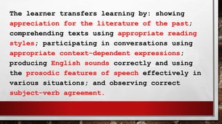 The learner transfers learning by: showing
appreciation for the literature of the past;
comprehending texts using appropriate reading
styles; participating in conversations using
appropriate context-dependent expressions;
producing English sounds correctly and using
the prosodic features of speech effectively in
various situations; and observing correct
subject-verb agreement.
 