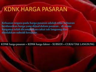 KDNK HARGA PASARAN
Keluaran negara pada harga pasaran adalah nilai keluaran
berdasarkan harga yang dijual dalam pasaran , di mana
harganya telah dicampurkan cukai tak langsung dan
ditolakkan subsidi kerajaan.

KDNK harga pasaran = KDNK harga faktor – SUBSIDI + CUKAI TAK LANGSUNG

 