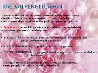 KAEDAH PENGELUARAN
 Menjumlahkan nilai akhir semua barang dan perkhidmatan yang
dihasilkan oleh semua sektor ekonomi atau nilai tambah yang
diwujudkan oleh pelbagai sektor dan peringkat proses pengeluaran.
 Nilai tambah merujuk kepada tambahan nilai yang wujud terhadap
sesuatu barangan setelah melalui proses.
• SEKTOR UTAMA = pertanian ( perikanan,penternakan, perhutanan) dan
galian ( perlombongan dan kuari )
• SEKTOR PERINDUSTRIAN = perkilangan dan barangan modal

• SEKTOR PERKHIDMATAN = pengangkutan, kewangan, dan insuran,perkhidmatan
kerajaan

 Dengan menjumlahkan kesemua nilai keluaran oleh kesemua
sektor pengeluaran, nilai KDNK akan diperolehi.

 