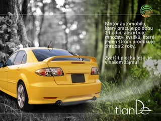 Motor automobilu,
který pracuje po dobu
2 hodin, absorbuje
množství kyslíků, které
jeden strom produkuje
zhruba 2 roky.
Zvětšit plochu lesů je
v našem zájmu!
 