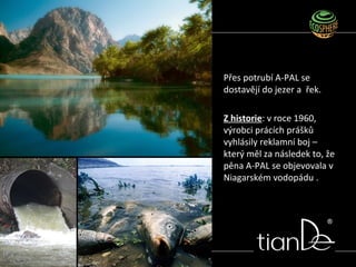 Přes potrubí A-PAL se
dostavějí do jezer a řek.
Z historie: v roce 1960,
výrobci prácích prášků
vyhlásily reklamní boj –
který měl za následek to, že
pěna A-PAL se objevovala v
Niagarském vodopádu .
 