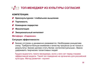 ТОП-МЕНЕДЖЕР ИЗ КУЛЬТУРЫ СОГЛАСИЯ

КОМПЕТЕНЦИИ:
  Кросскультурное / глобальное мышление
  Терпимость
  Командное лидерство
  Фасилитация
  Эмоциональный интеллект
Метафора: «Садовник»
Ситуации эффективности:
  Бизнес отстроен и динамично развивается. Необходима инициатива
  снизу. Требуется больше внимания к качеству процесса (а не только к
  результату). Бизнес должен стать более «интеллектуальным». Важно
  удерживать творческих талантливых людей
  Трудно вырастить такого менеджера, если у него нет перед глазами
  эффективной модели. Такой тип поведения не органичен для российской
  культуры. Метод развития - коучинг
                                                                    22
 