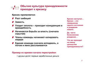 Обычно культура принадлежности
       приходит к кризису

Кризис проявляется:
  Рост амбиций                                 Кризис наступил…
                                               Кризис – это
  Зависть                                      завершение
  Уходит теплота – приходит конкуренция и      одного состояния
  враждебность                                 и рождение
                                               нового.
  Начинается борьба за власть (сначала
                                               Да, часто
  скрытая)                                     болезненное
  Члены команды начинают копировать            рождение…
  лидера                                       Что же приходит
                                               на смену
  Единая команда сначала исподволь, а
                                               ценностям
  потом и явно расслаивается                   принадлежности?


Пример из времен начала перестройки:
     друзья делят первые заработанные деньги

                                                             7
 