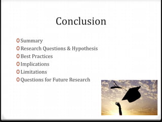Conclusion
0 Summary
0 Research Questions & Hypothesis
0 Best Practices
0 Implications
0 Limitations
0 Questions for Future Research
 